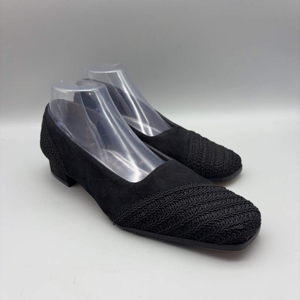 Margaret Jerrold Pumps Womens 9M Black Braided Trim Suede Low Block Heel Spain
